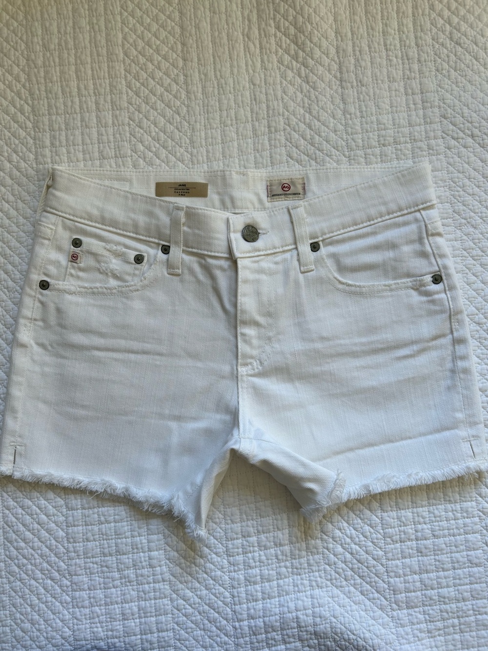 AG Jane White Denim Shorts Raw Hem Button Fly Size 26 Classic Fit